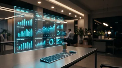 Futuristic Data Analytics Dashboard Display In Modern Office