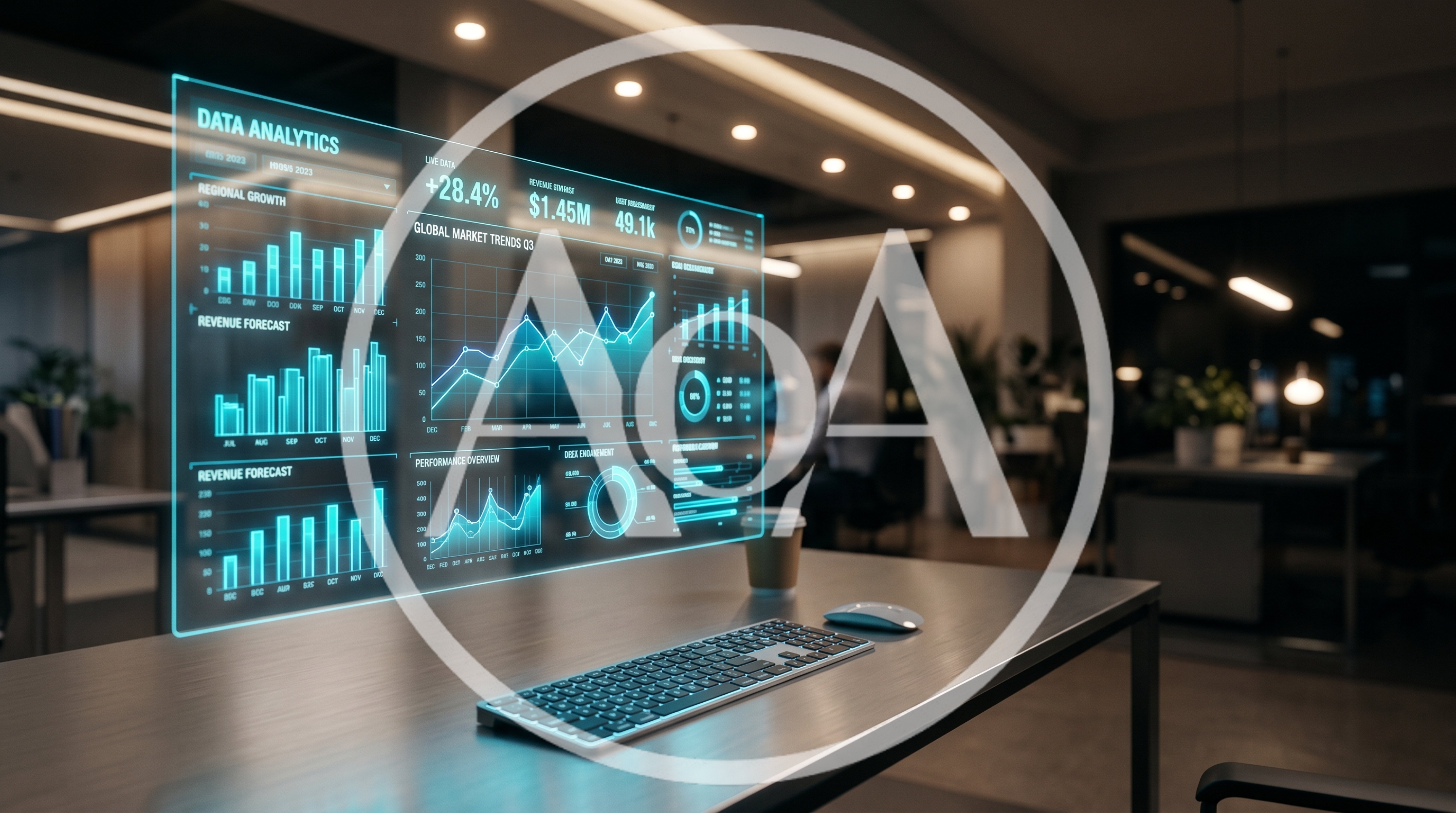 Futuristic Data Analytics Dashboard Display In Modern Office