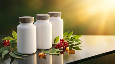 Three White Supplement Bottles With Berries And Capsules