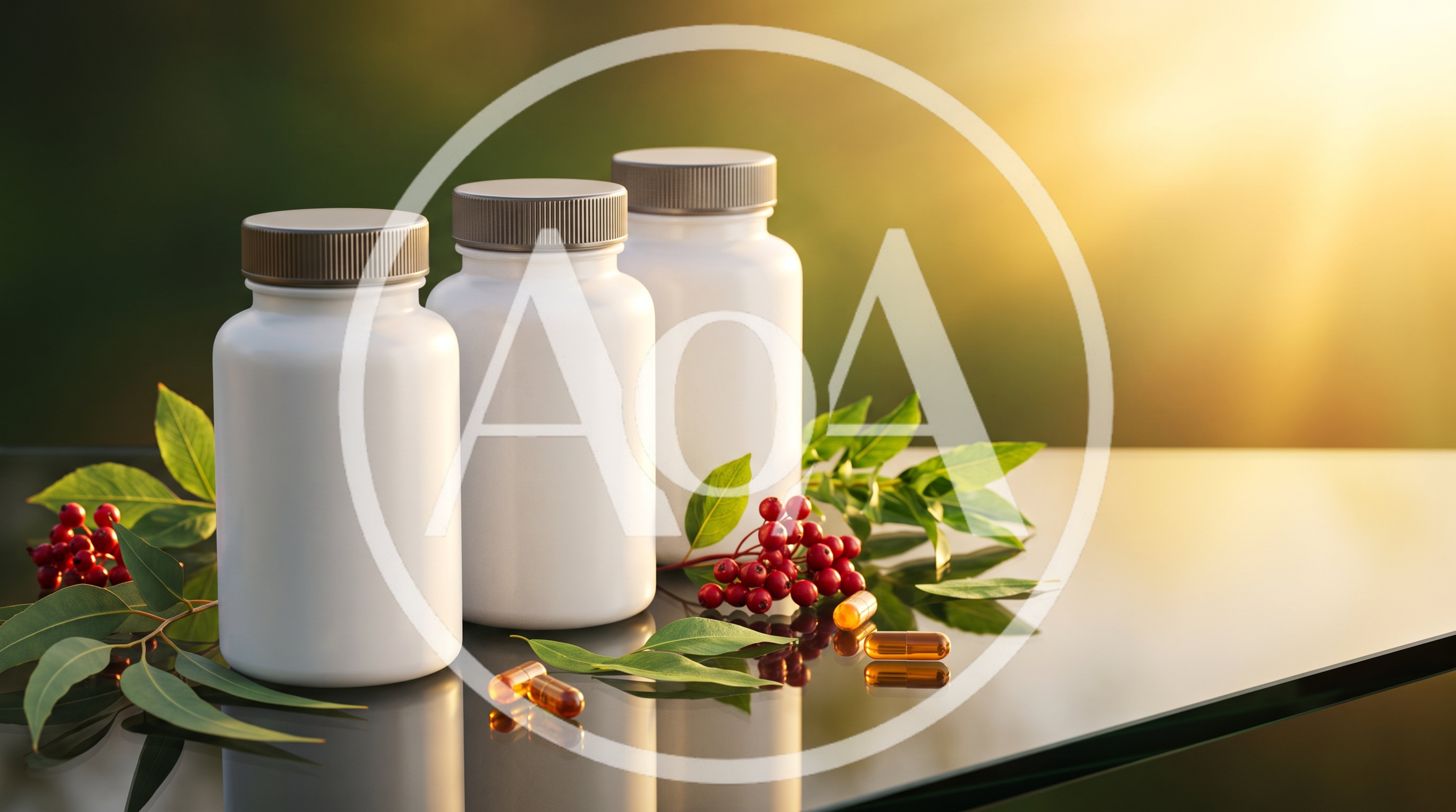 Three White Supplement Bottles With Berries And Capsules