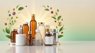 Assorted Supplement Bottles With Floating Natural Ingredients