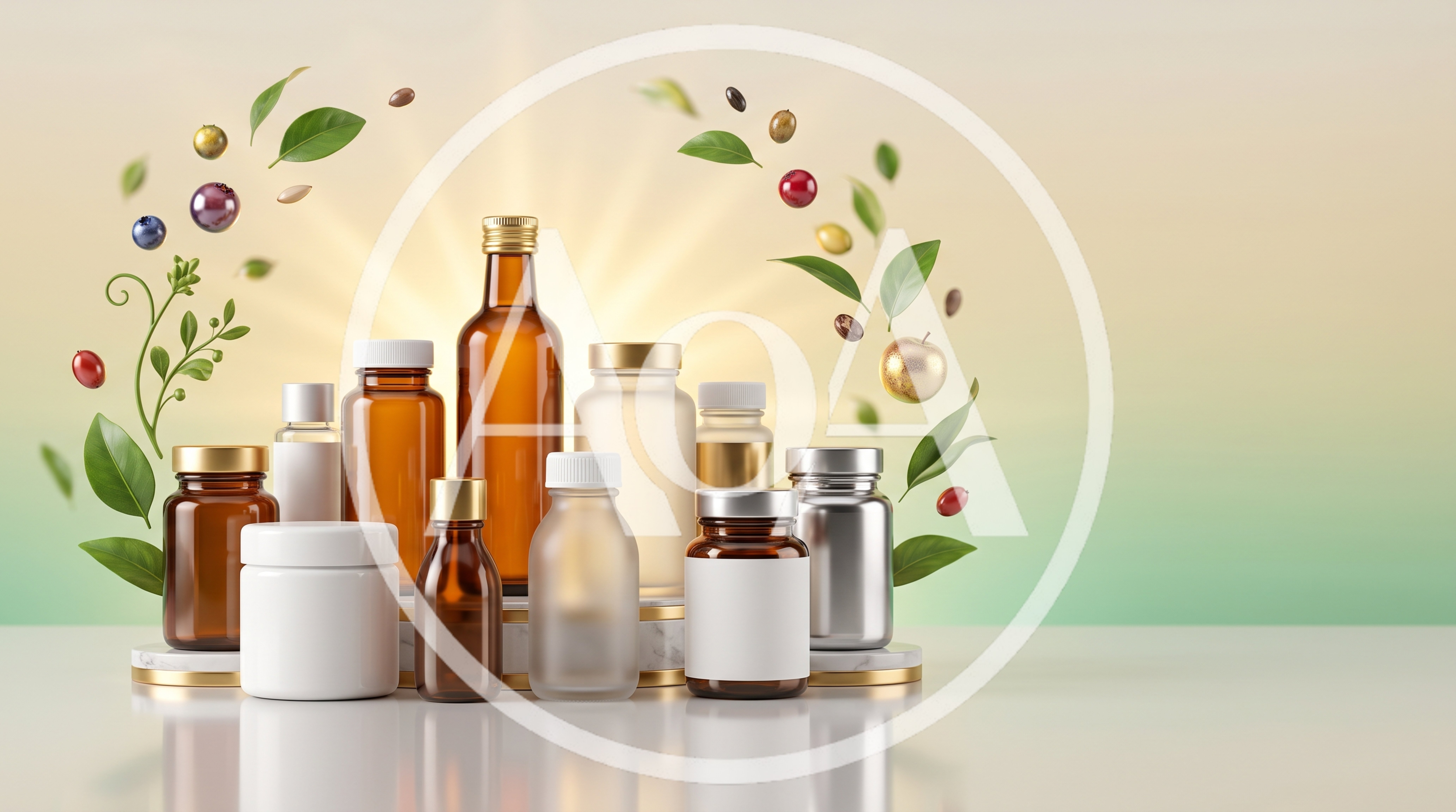 Assorted Supplement Bottles With Floating Natural Ingredients