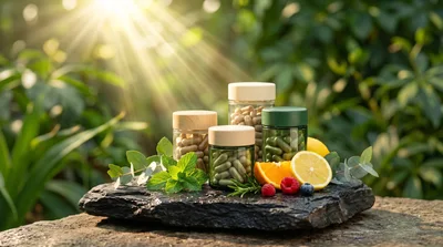 Supplement Bottles With Fresh Fruit And Herbs