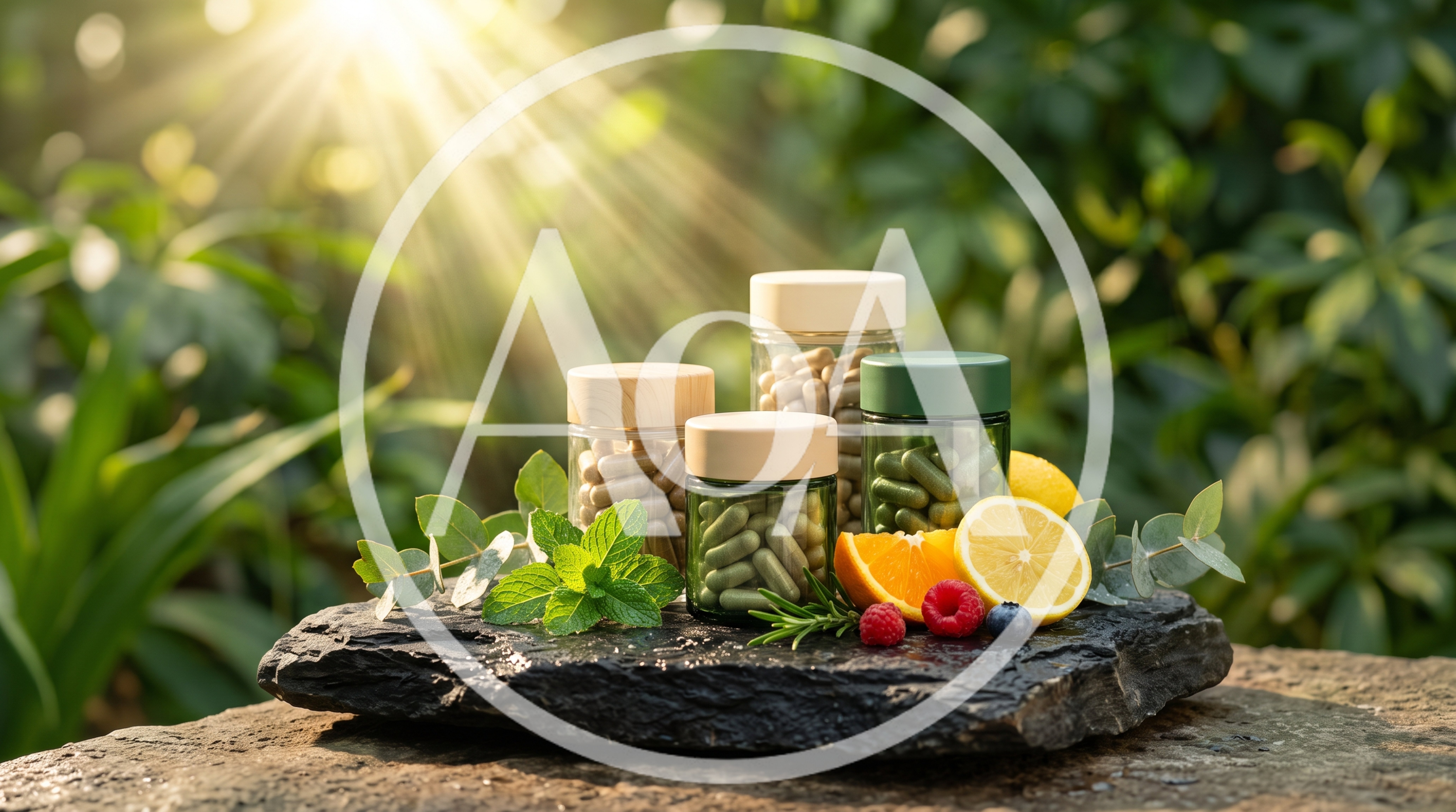 Supplement Bottles With Fresh Fruit And Herbs