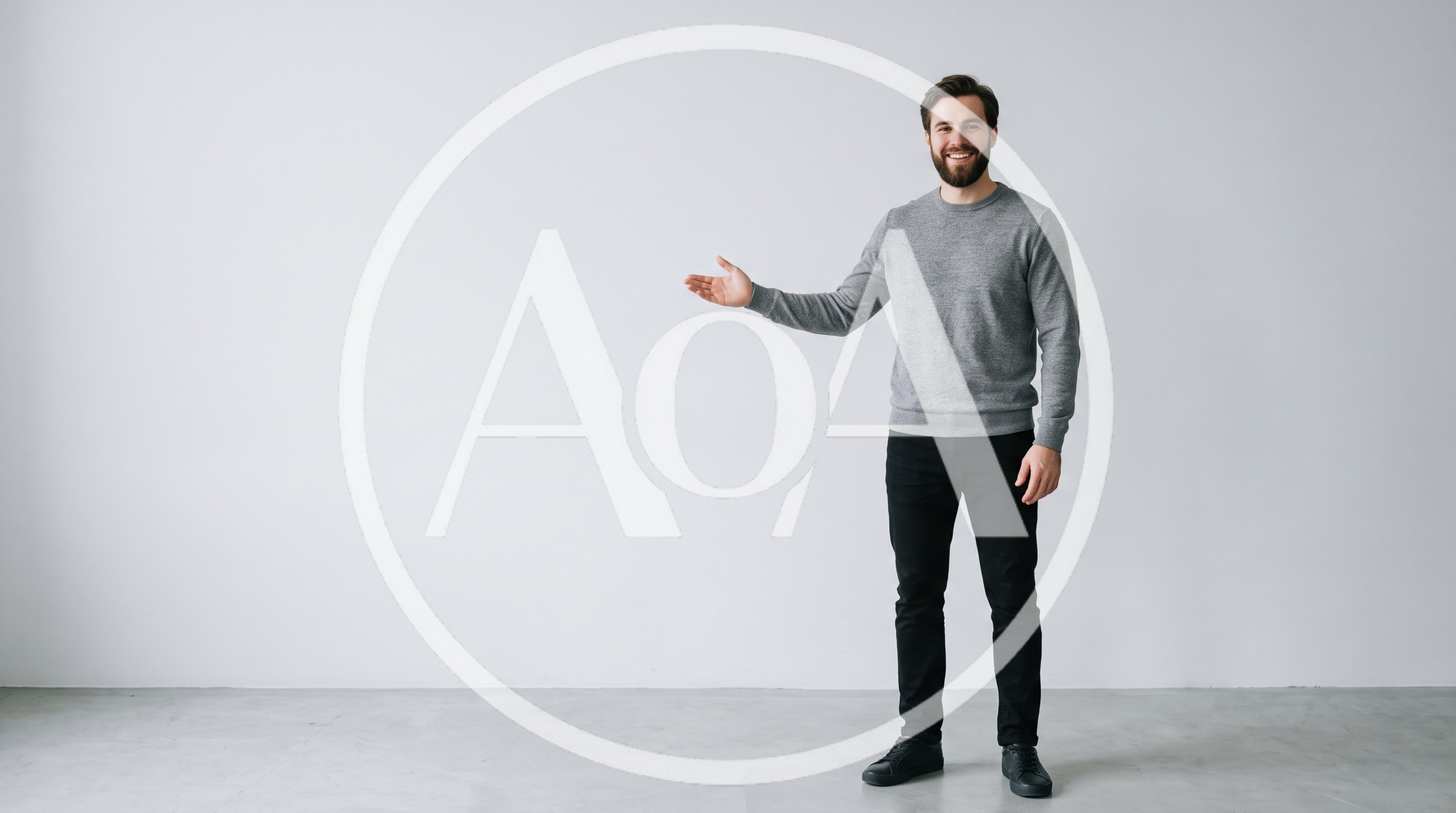 Man In Grey Sweater Gesturing To Empty Space