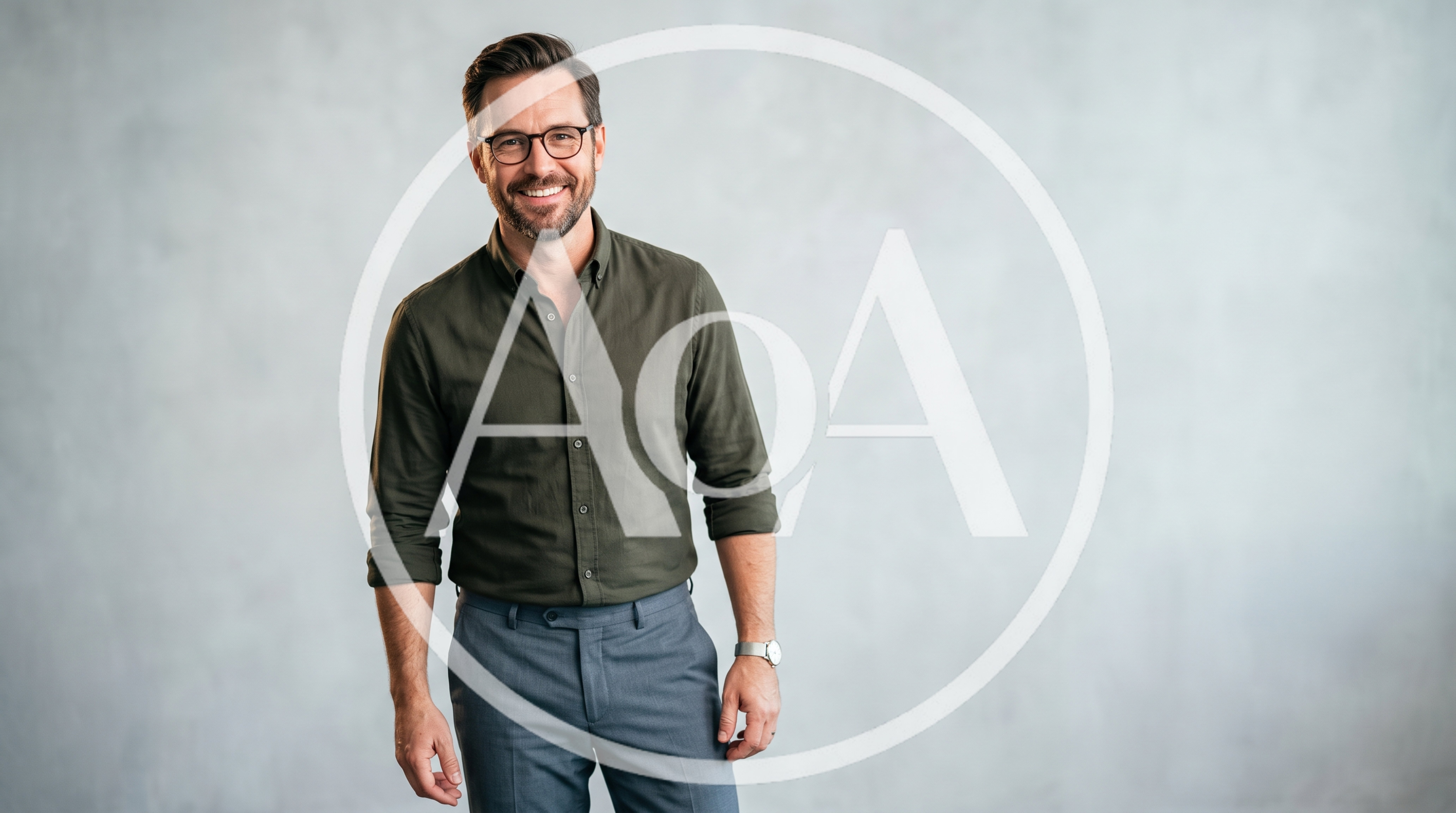 Smiling Professional Man Standing Against Grey Background