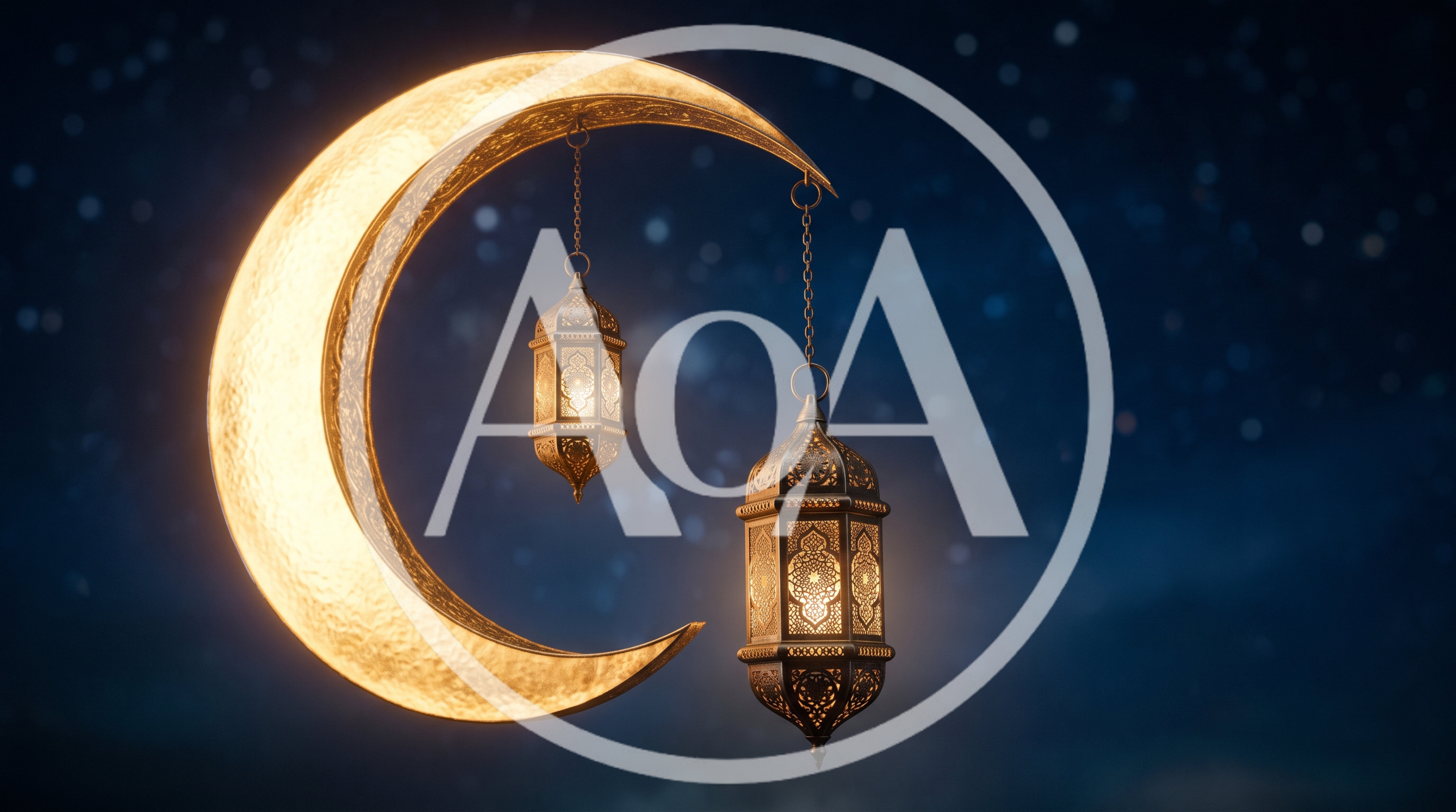Golden Crescent Moon With Hanging Decorative Lanterns