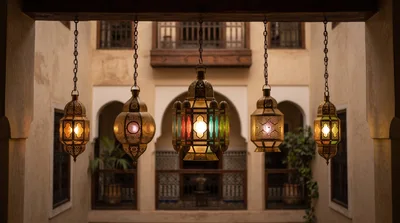 Traditional Moroccan Lanterns Hanging In A Courtyard