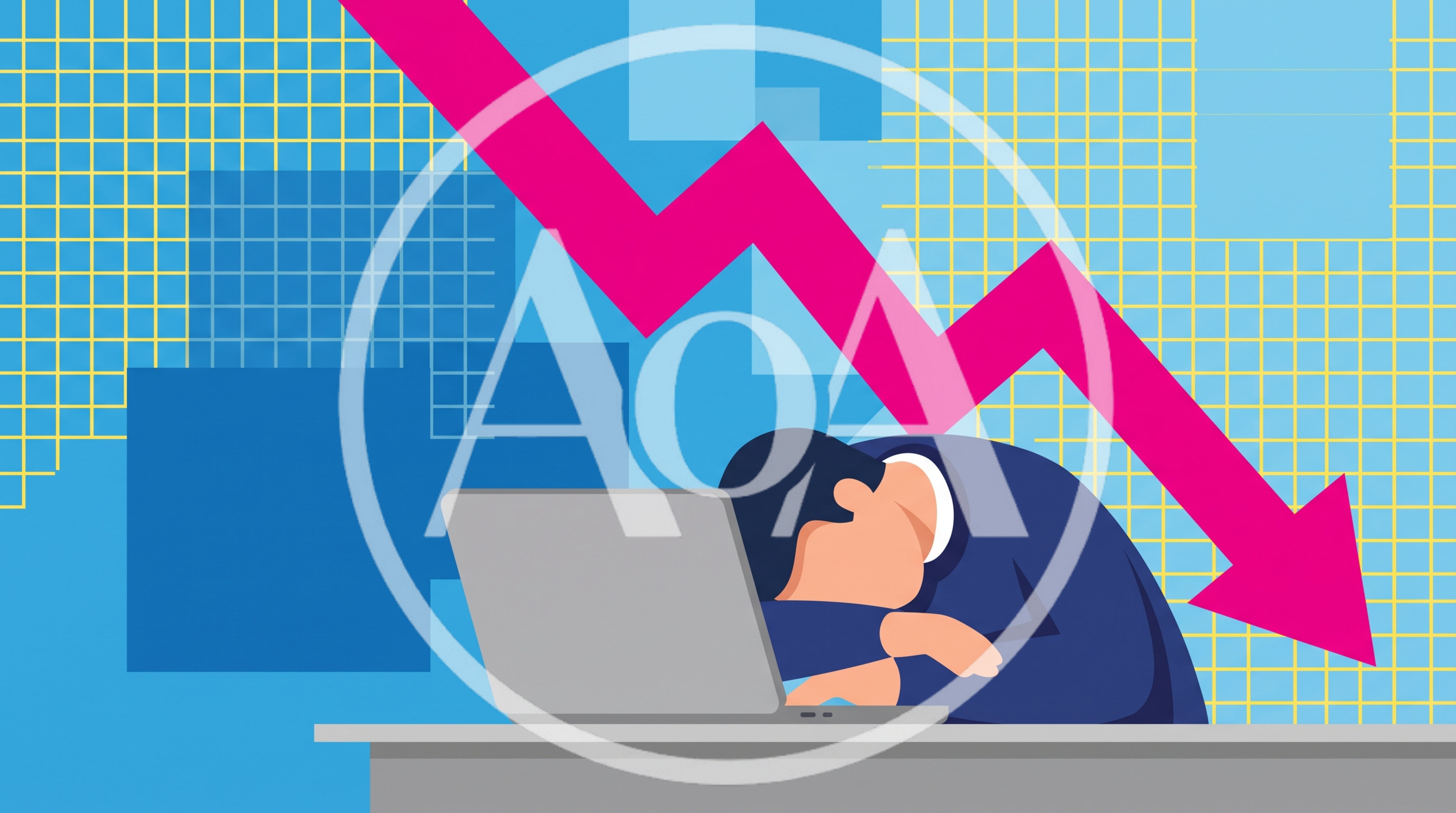 Stressed Businessman Resting Head On Laptop With Declining Graph