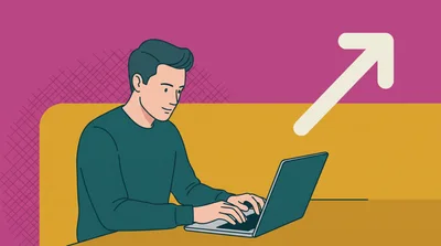 Young Man Working On Laptop With Upward Arrow Graphic