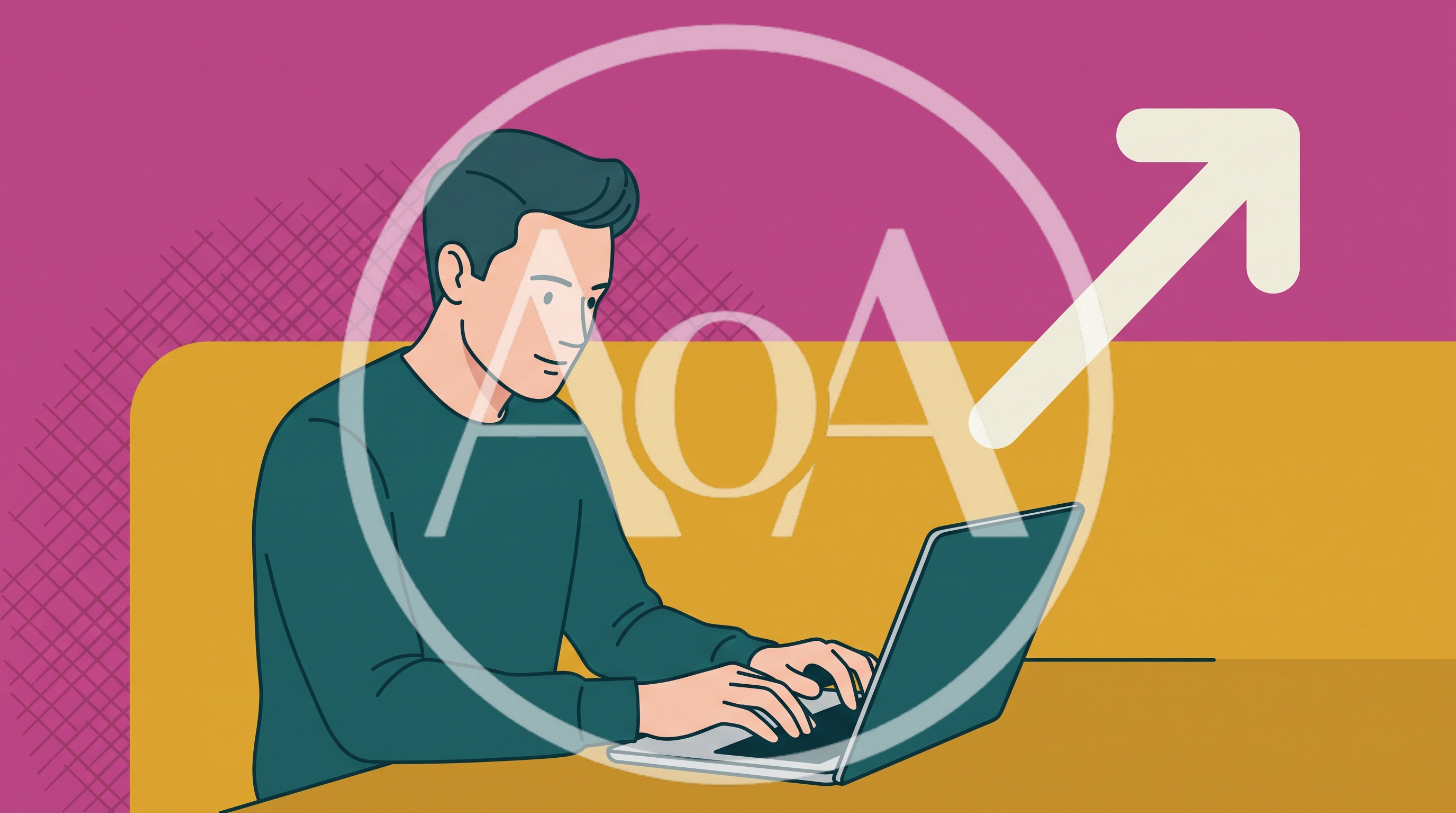 Young Man Working On Laptop With Upward Arrow Graphic