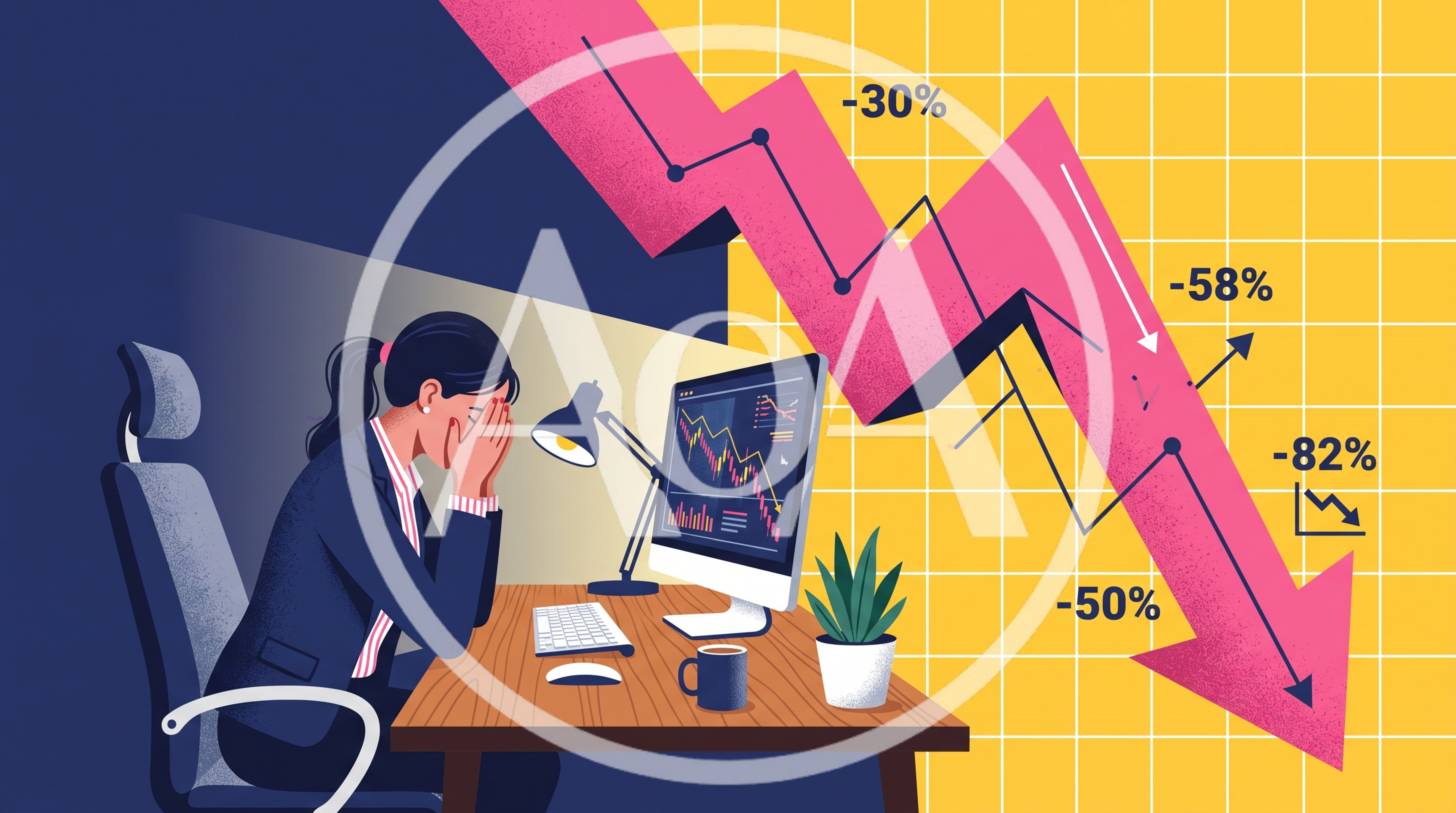 Stressed Businesswoman Looking At Declining Stock Market Chart