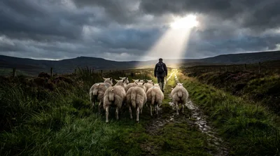 Shepherd Walking With Sheep On A Moody Moorland Path