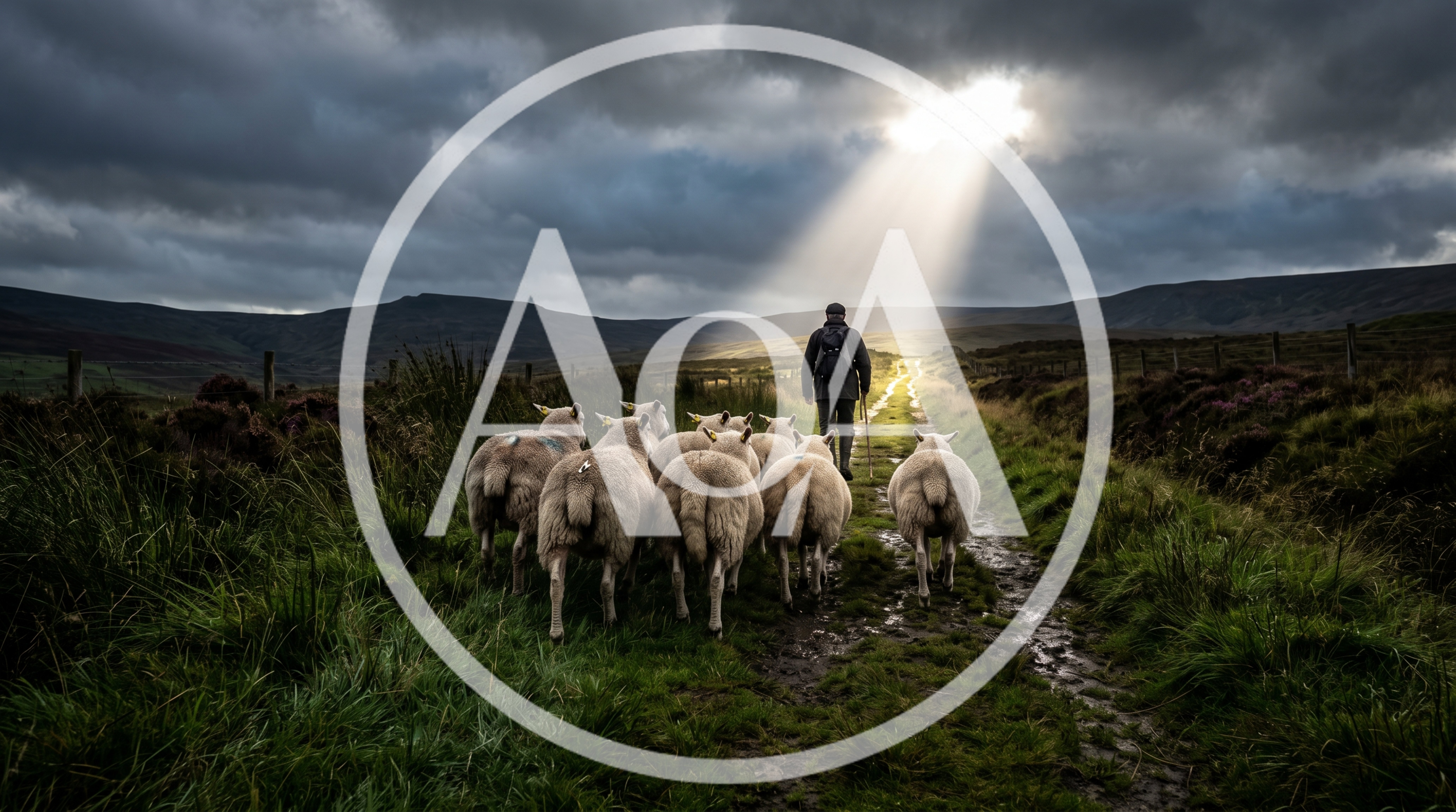 Shepherd Walking With Sheep On A Moody Moorland Path