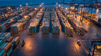 Aerial View Of Busy Shipping Container Terminal At Night