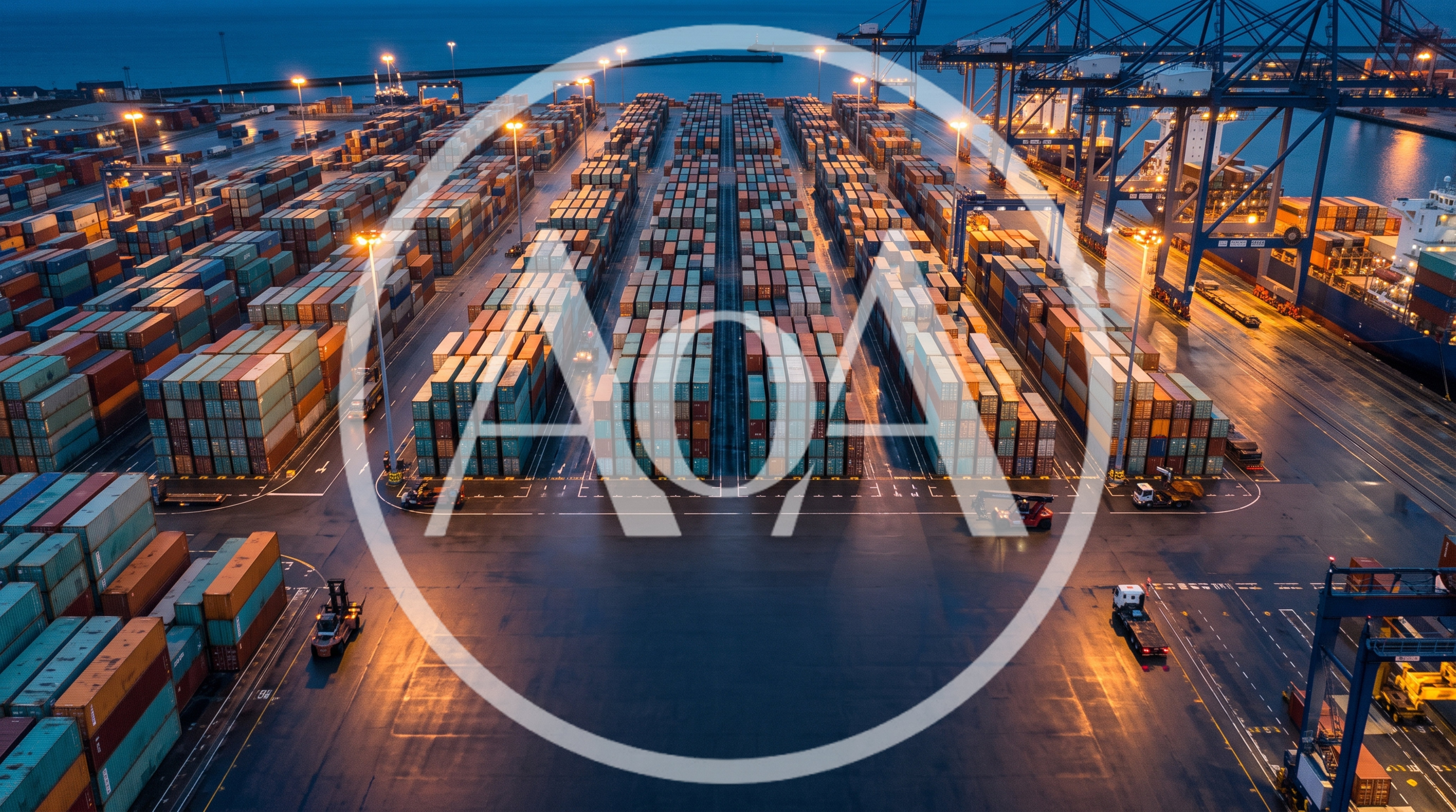 Aerial View Of Busy Shipping Container Terminal At Night
