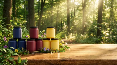 Colorful Jars Arranged on a Wooden Table in Forest