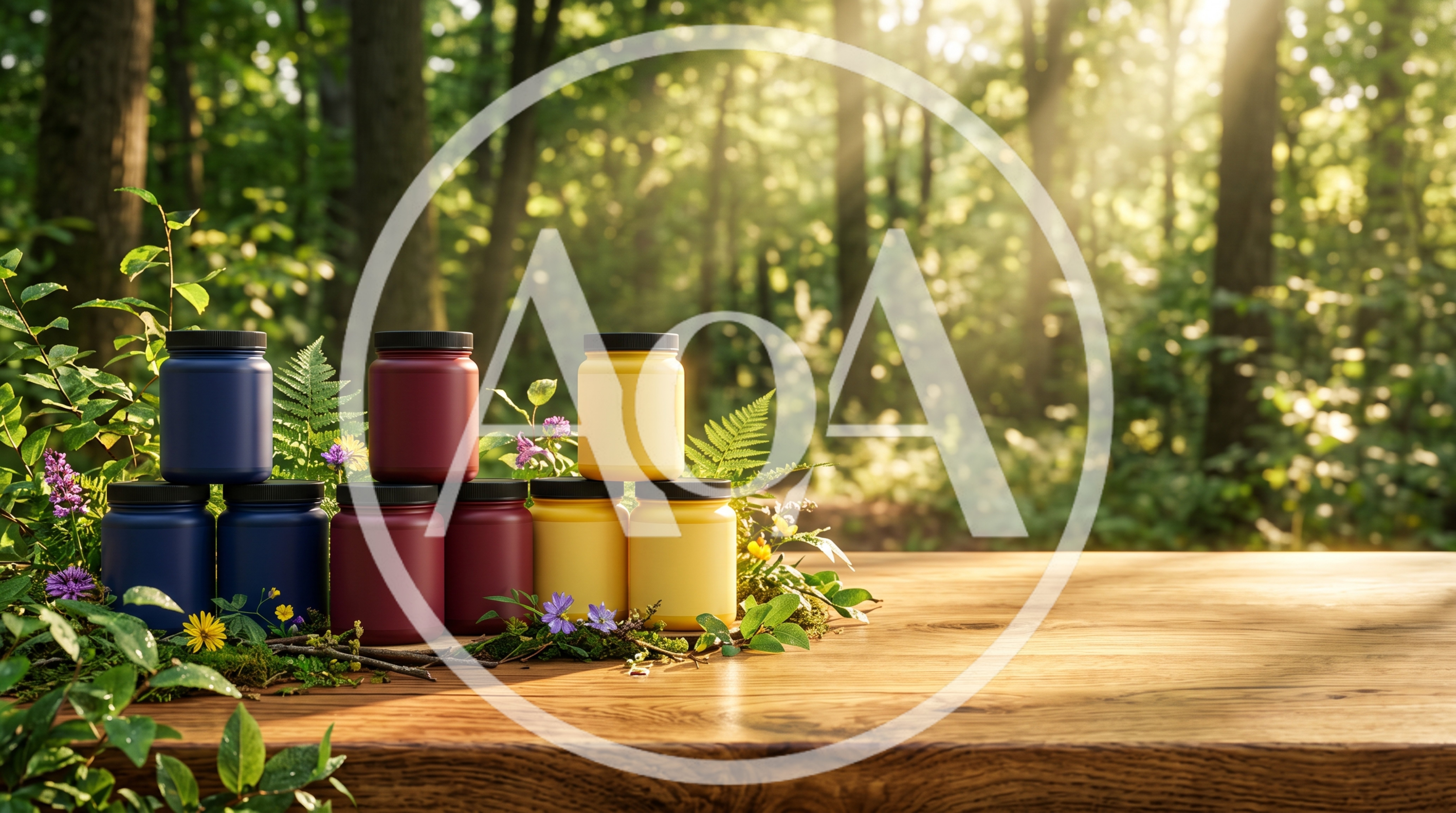 Colorful Jars Arranged on a Wooden Table in Forest