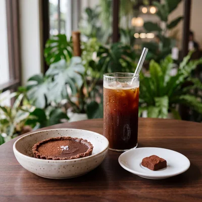 Chocolate Tart and Iced Coffee on Cafe Table