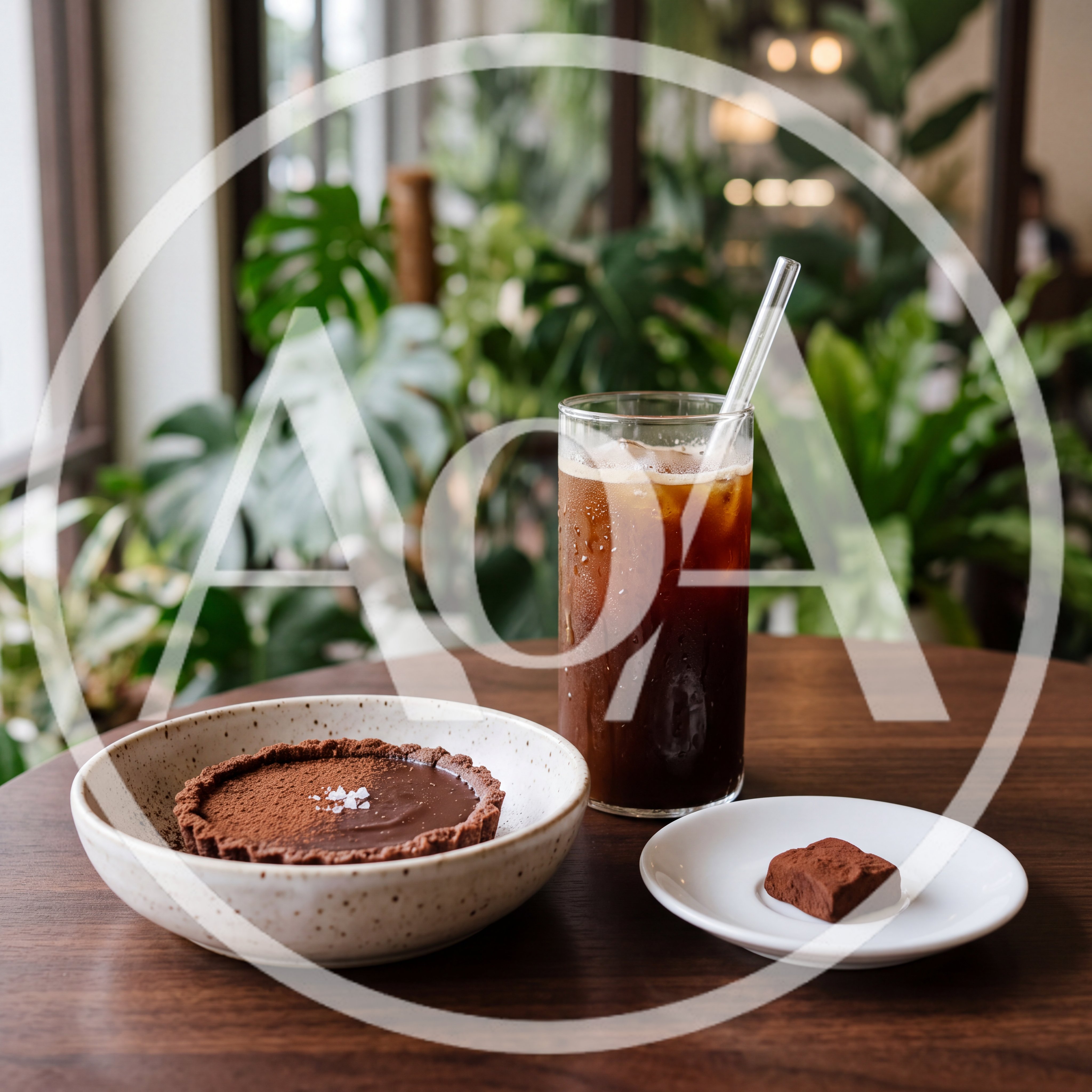 Chocolate Tart and Iced Coffee on Cafe Table