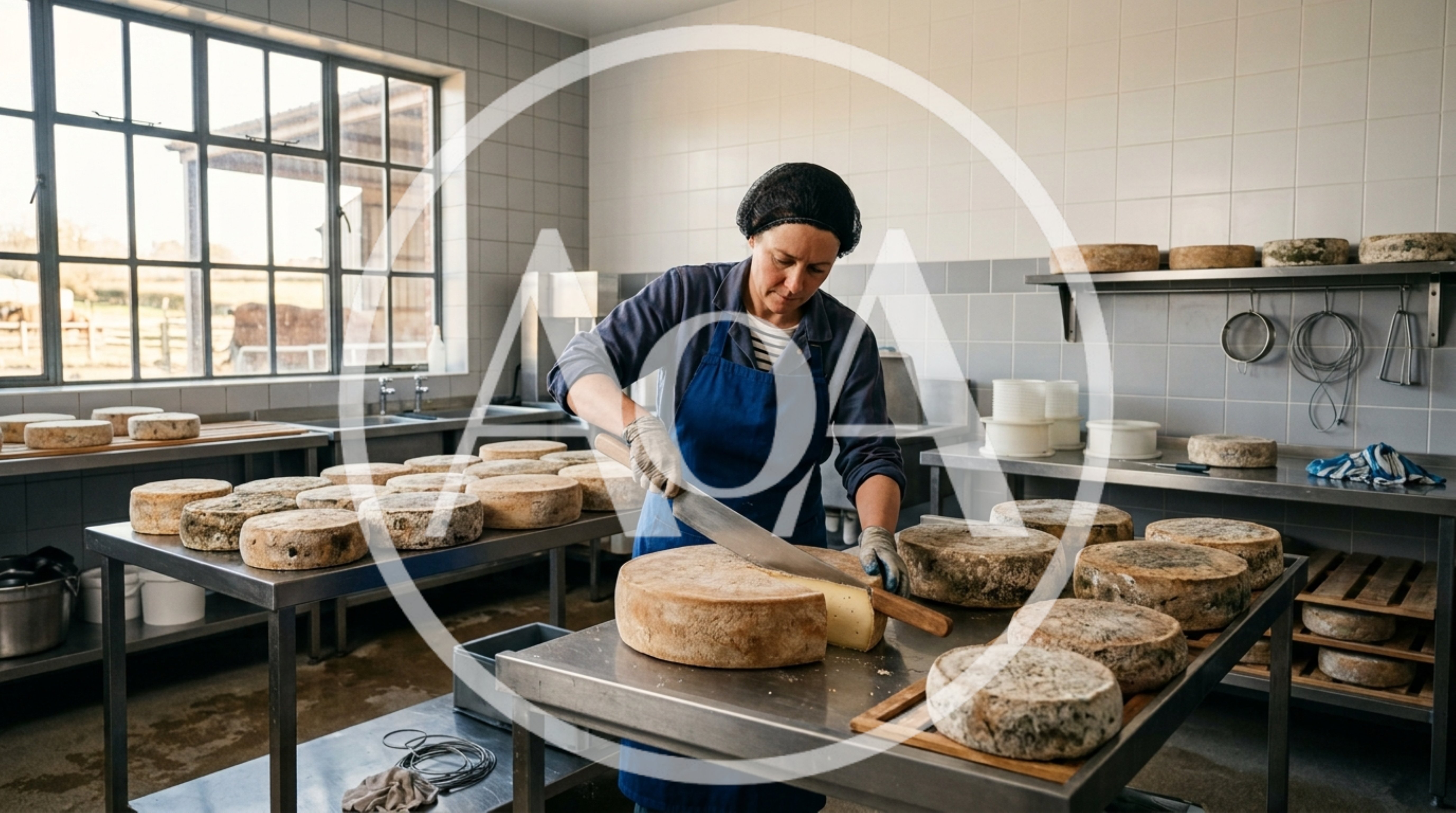 Artisan Cheesemaker Cutting A Large Wheel Of Cheese