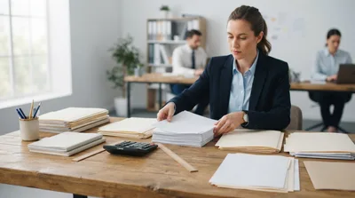 Professional Businesswoman Organizing Paperwork at Office Desk