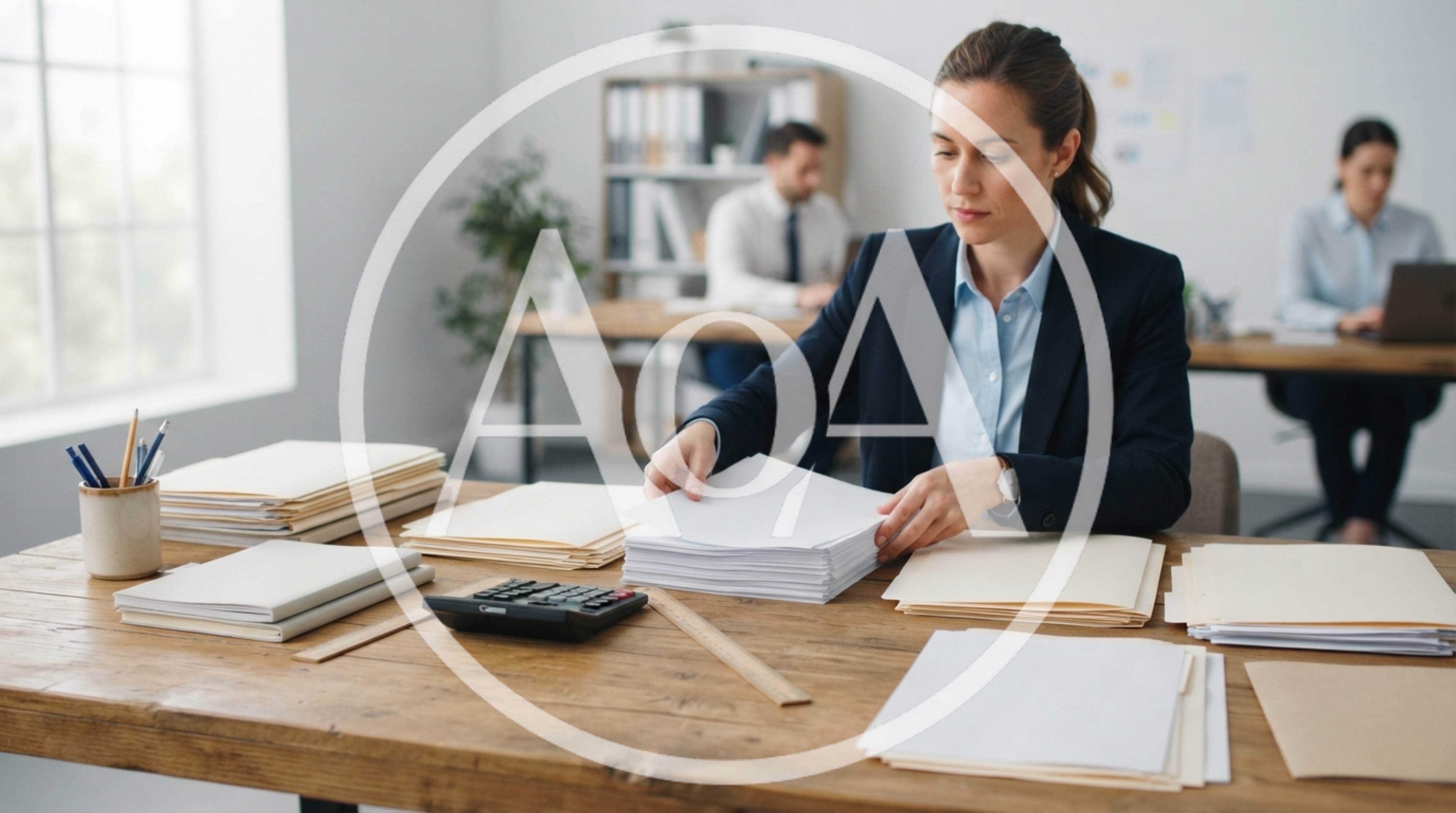 Professional Businesswoman Organizing Paperwork at Office Desk