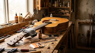 Luthier Working On Acoustic Guitar In Workshop