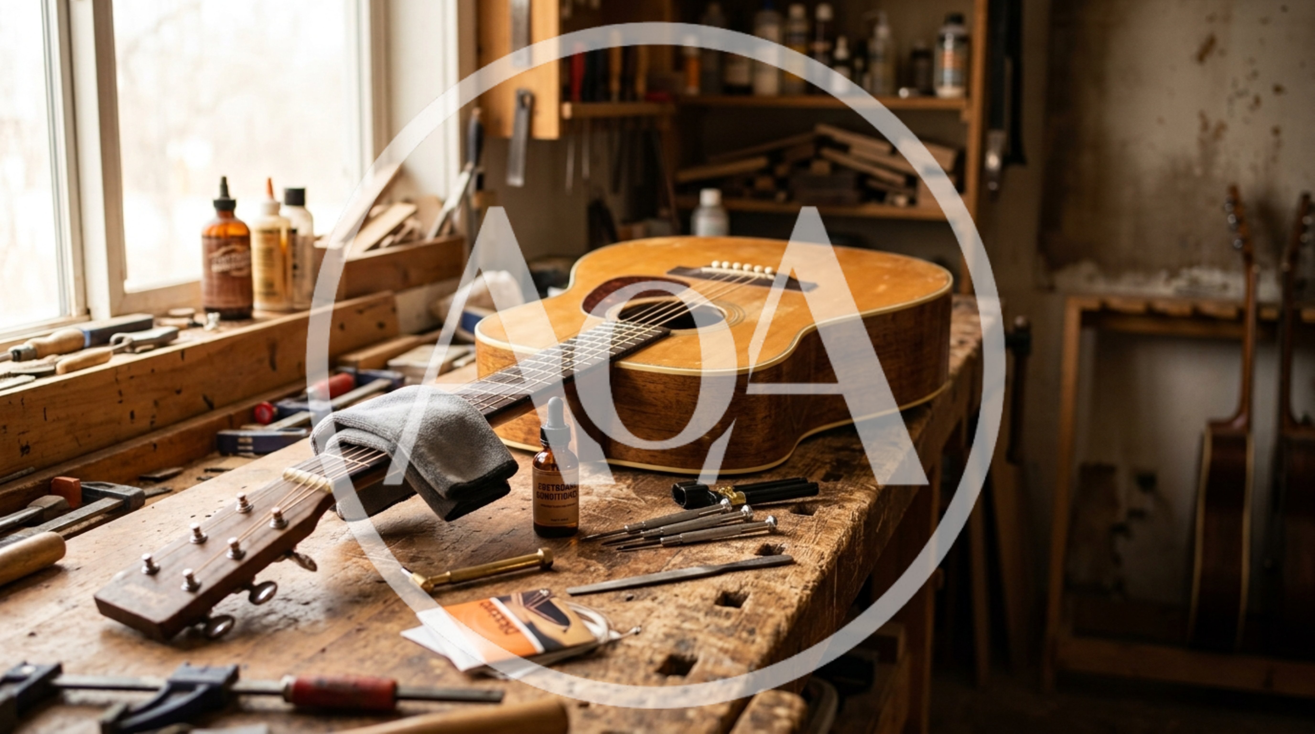 Luthier Working On Acoustic Guitar In Workshop