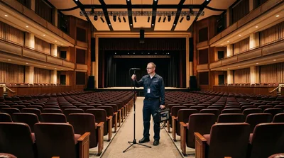 Audio Technician Testing Sound Equipment In A Large Theater