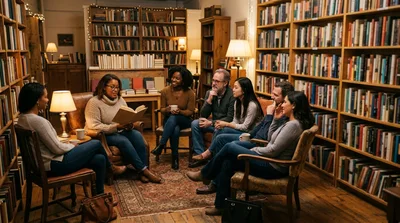 Diverse Book Club Meeting in Cozy Library