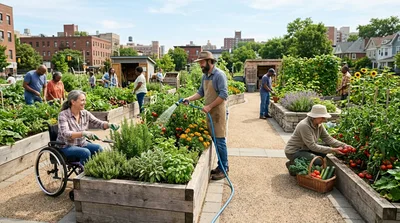 Diverse Community Members Gardening in Urban Vegetable Plot