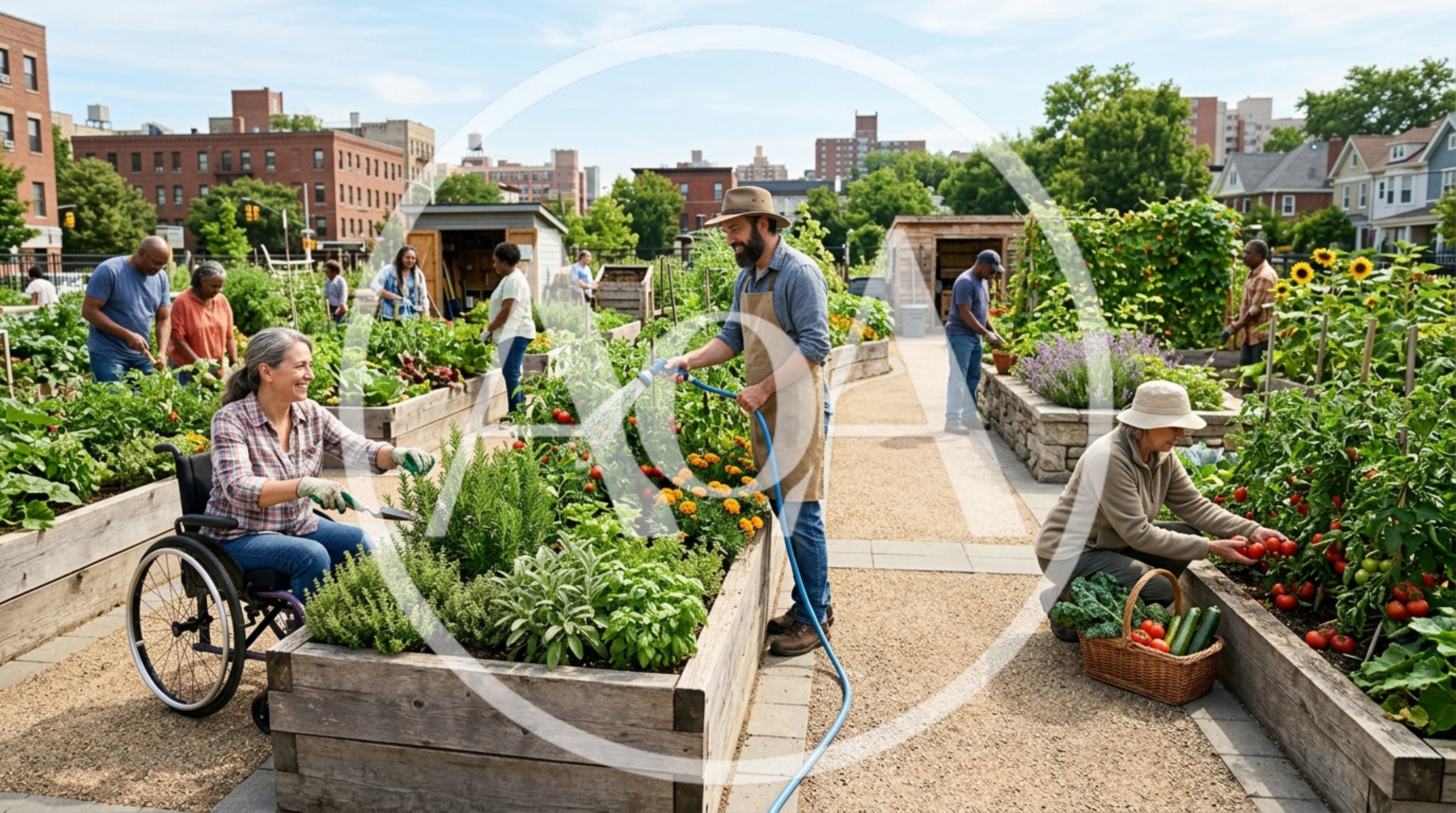 Diverse Community Members Gardening in Urban Vegetable Plot