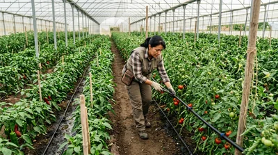 Female Farmer Inspecting Tomato Plants In Greenhouse
