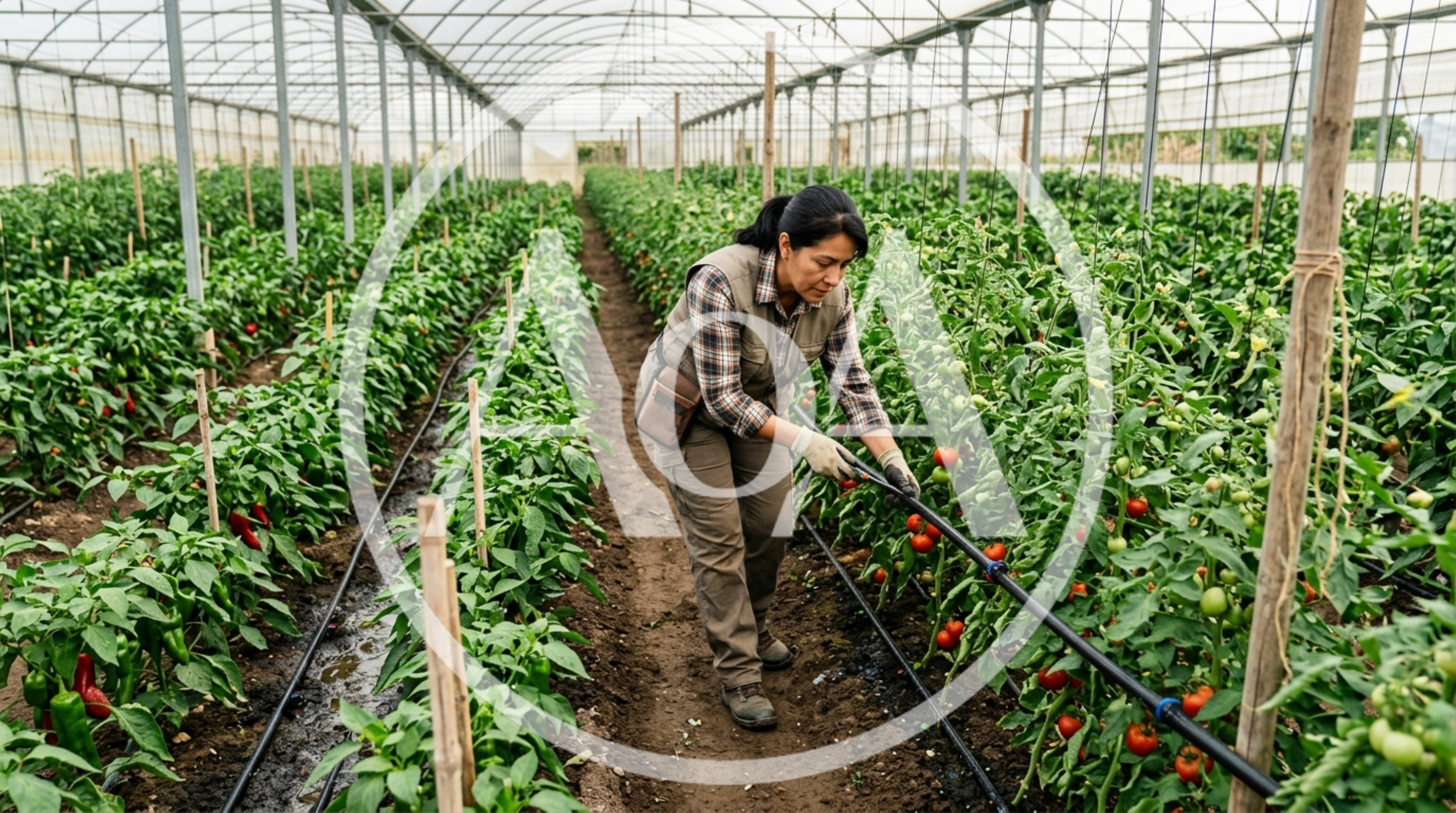 Female Farmer Inspecting Tomato Plants In Greenhouse