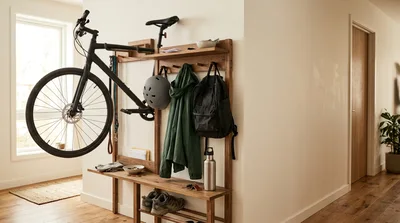 Modern Wooden Entryway Organizer With Hanging Bicycle