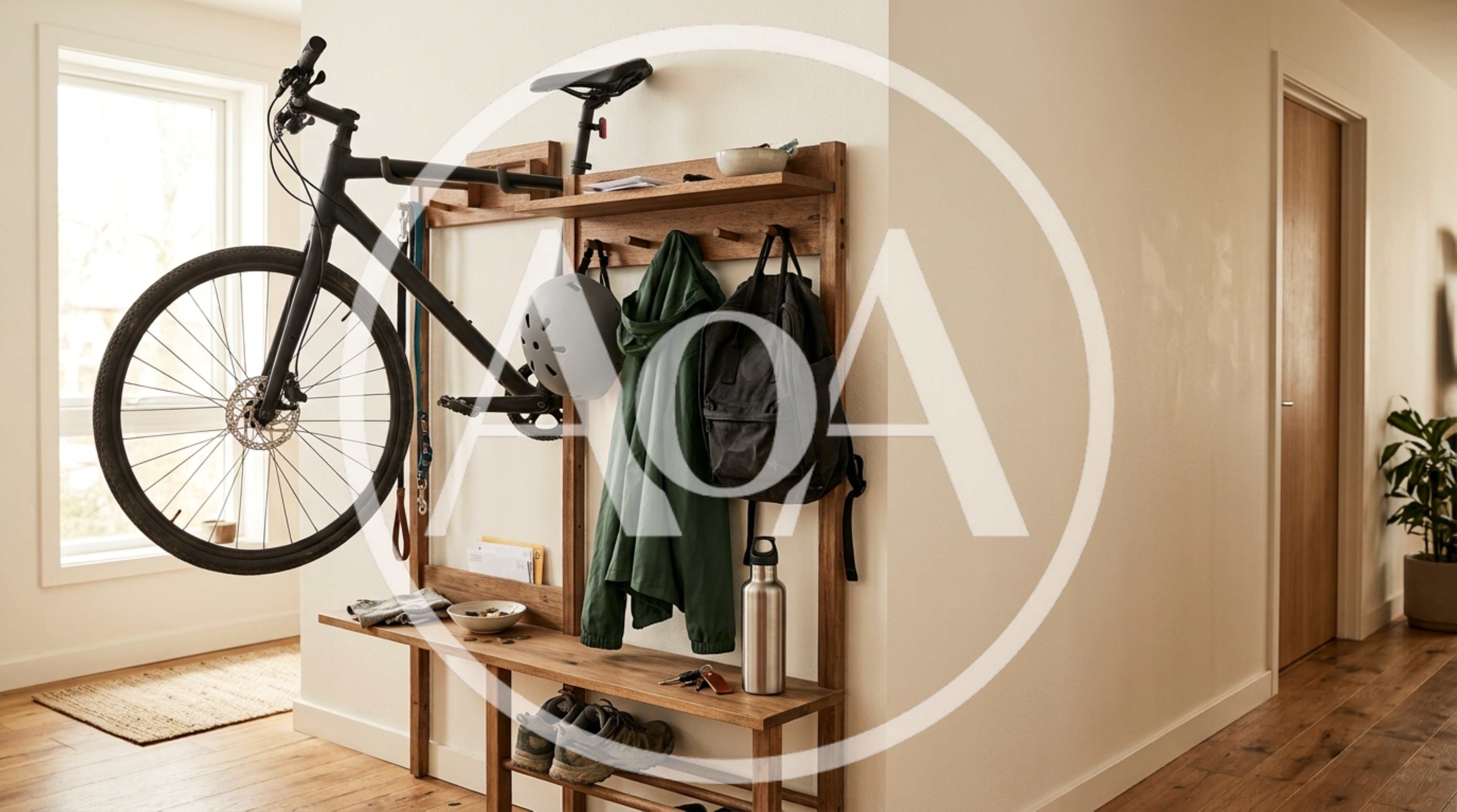 Modern Wooden Entryway Organizer With Hanging Bicycle