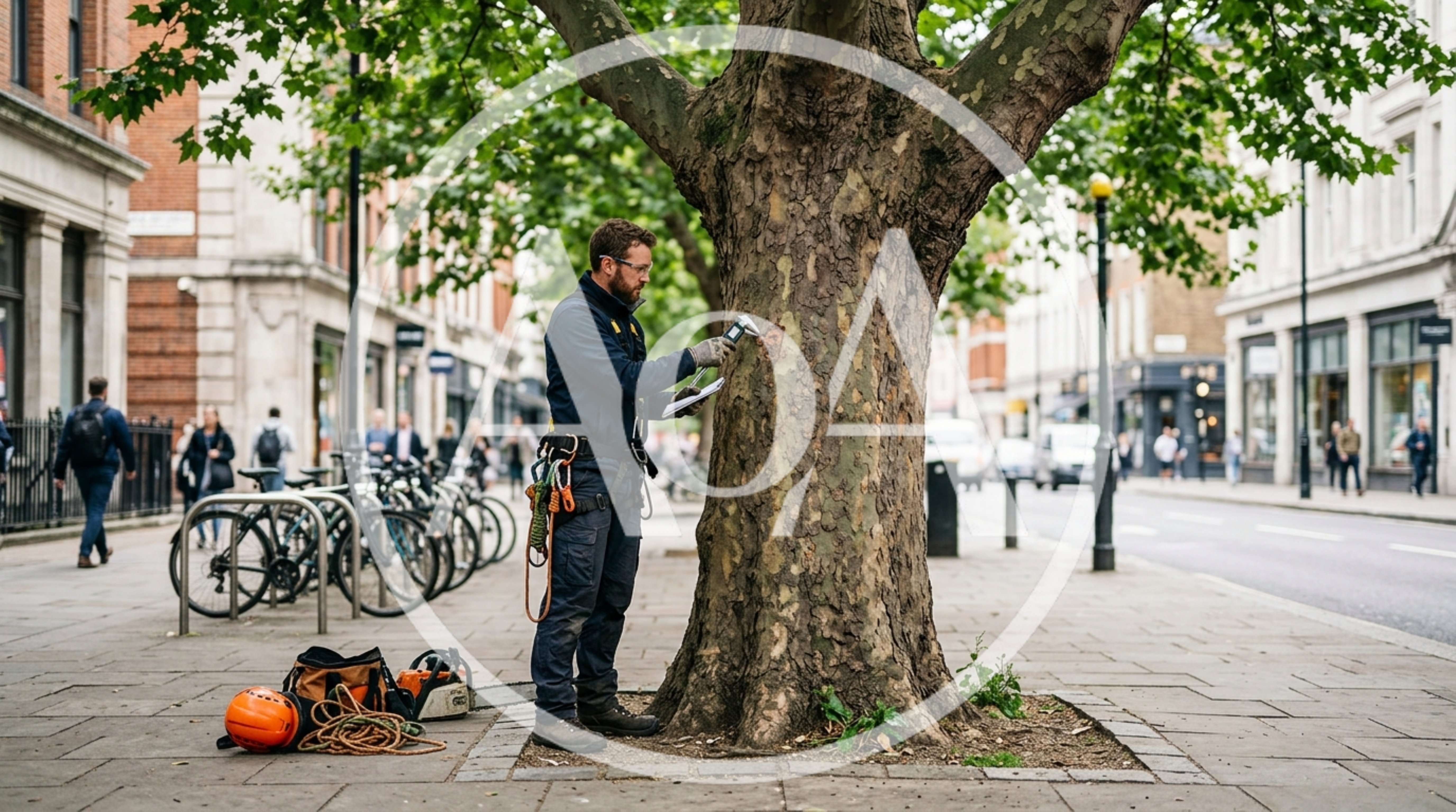 Arborist Inspecting Tree Health On City Street