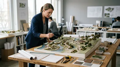 Architect Working On Landscape Design Model In Office