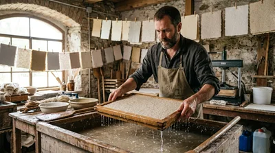 Artisan Papermaker Creating Handmade Paper In Rustic Workshop