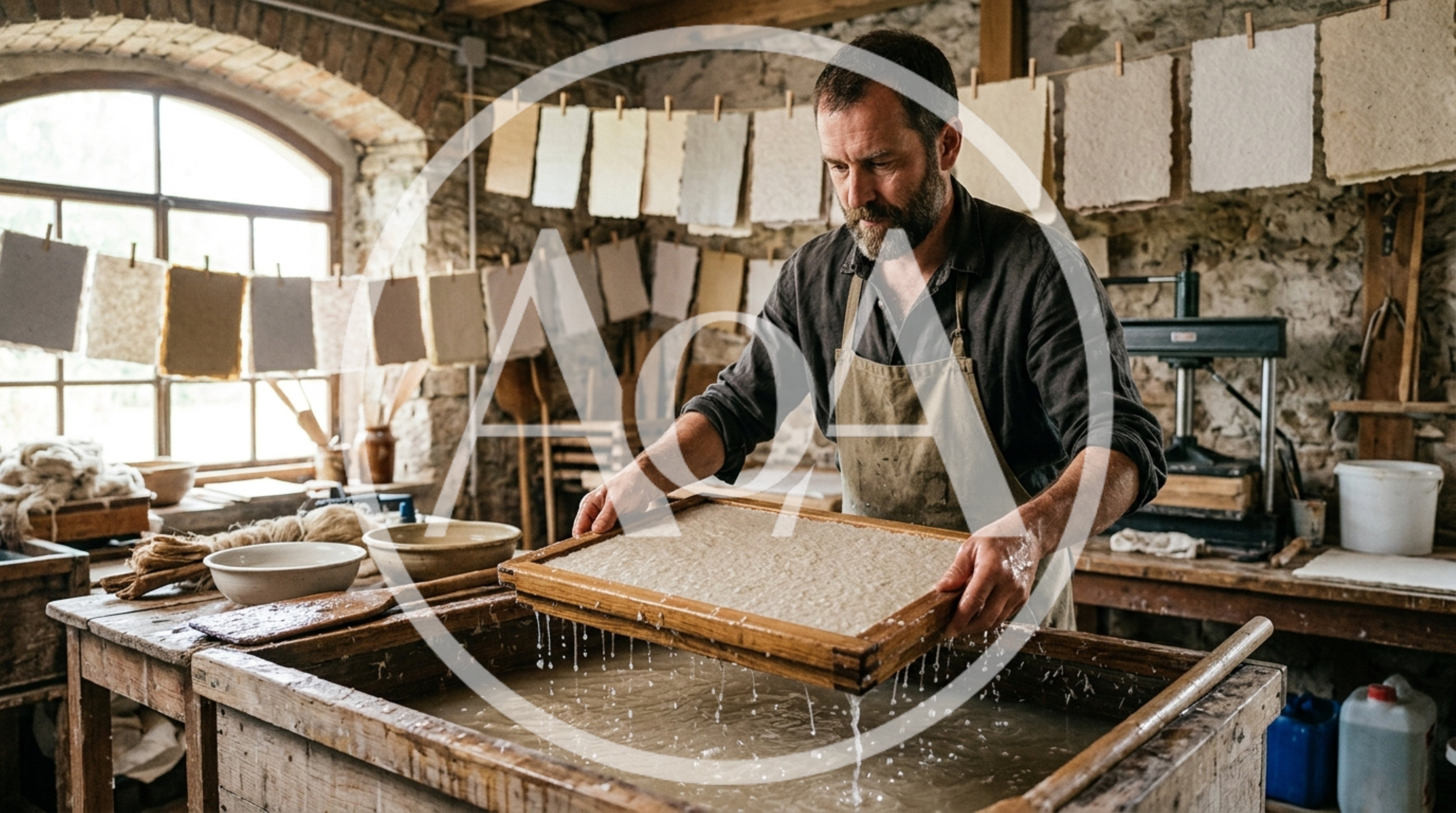 Artisan Papermaker Creating Handmade Paper In Rustic Workshop