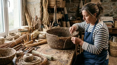 Artisan Woman Weaving A Traditional Wicker Basket