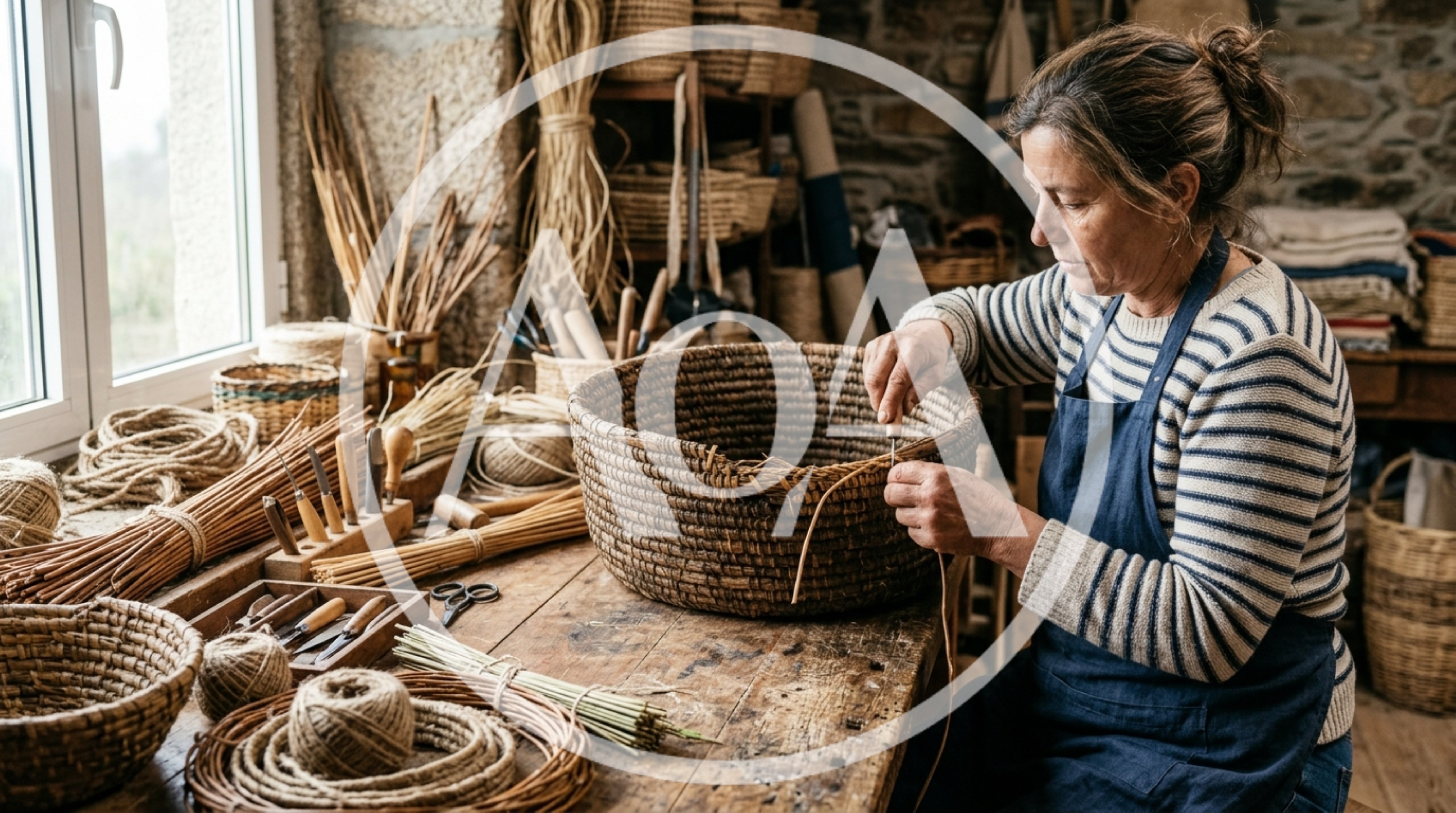 Artisan Woman Weaving A Traditional Wicker Basket