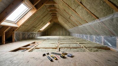 Attic Renovation With Insulation And Construction Tools