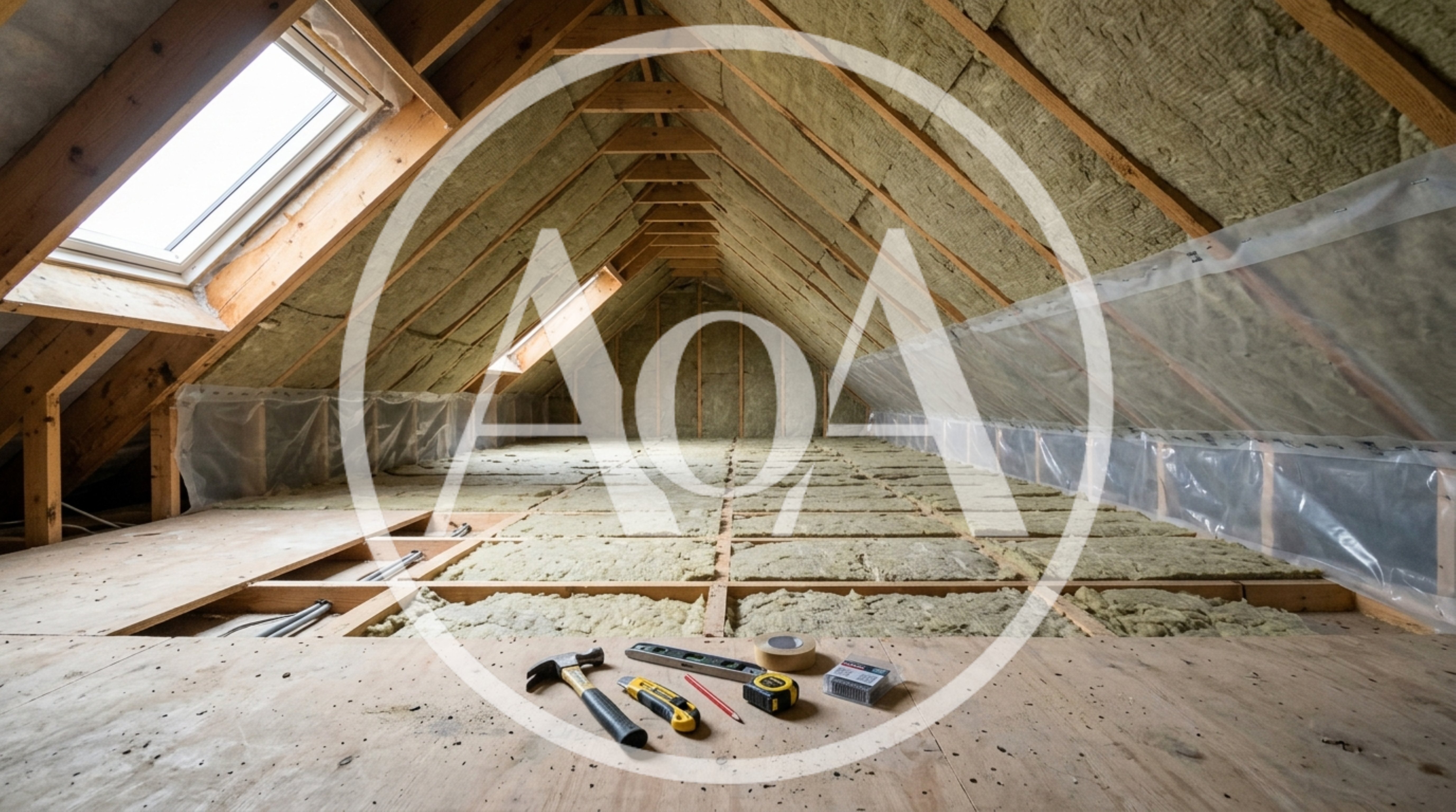 Attic Renovation With Insulation And Construction Tools