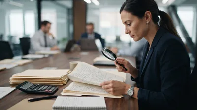 Professional Auditor Examining Financial Documents With Magnifying Glass