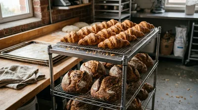 Freshly Baked Croissants and Sourdough Loaves on Cooling Racks