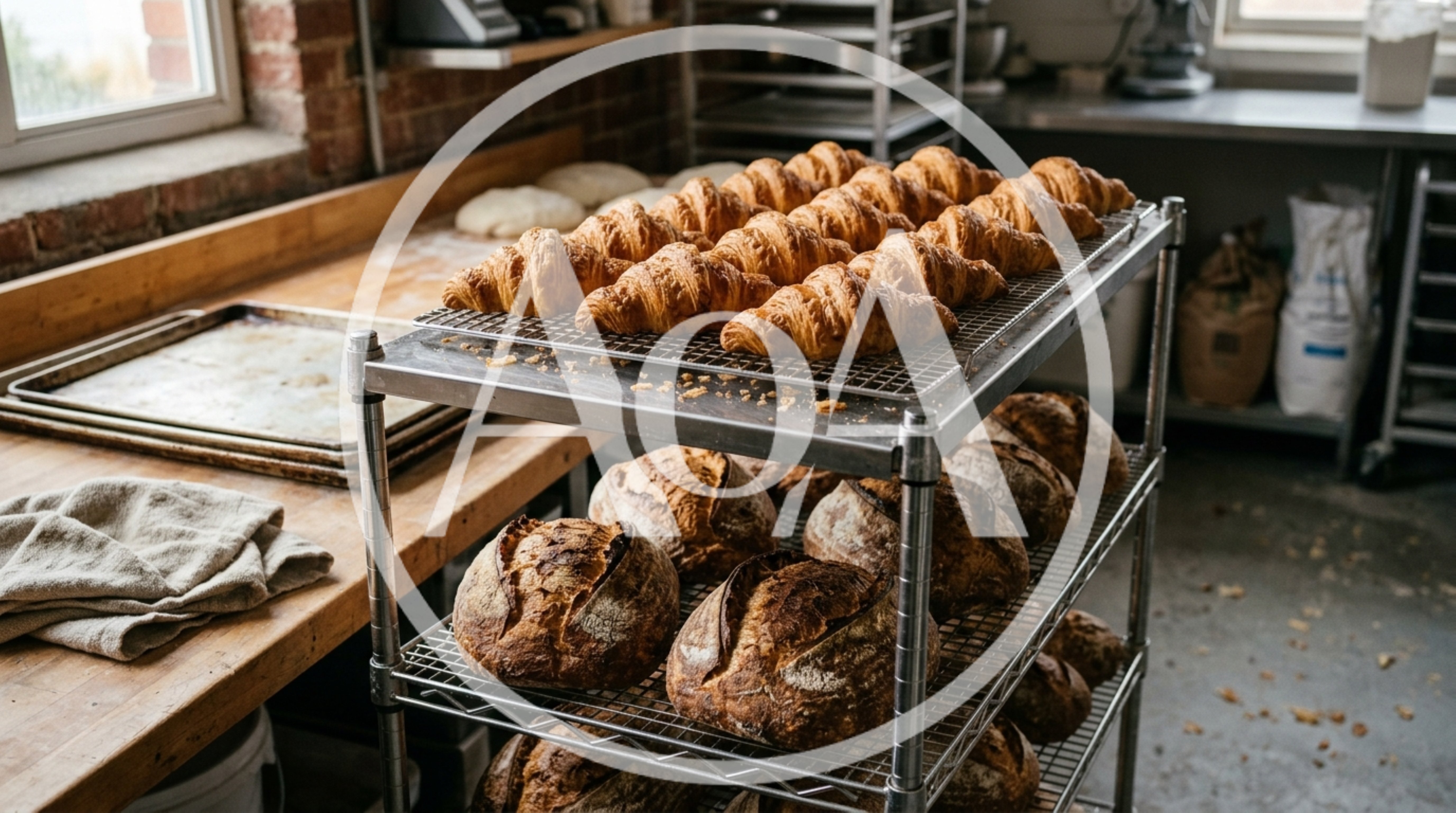 Freshly Baked Croissants and Sourdough Loaves on Cooling Racks