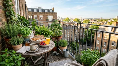 Breakfast Setup on a Sunny Urban Balcony