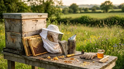 Beekeeping Equipment And Honey Harvest On Wooden Table